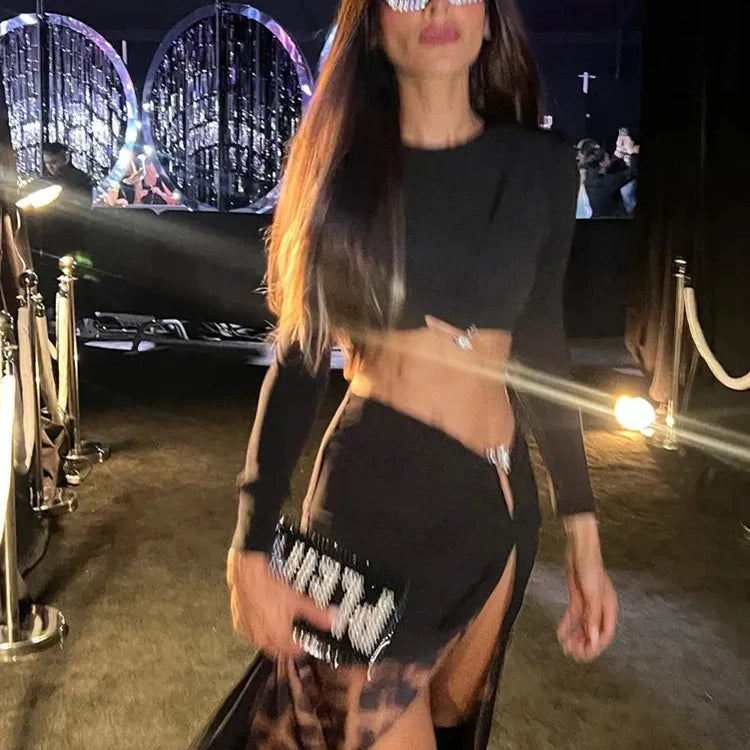 Women Celebrity Sexy Long Sleeve Leopard Black Maxi Long Skirt Bandage Set Elegant Evening Club Party Outfits