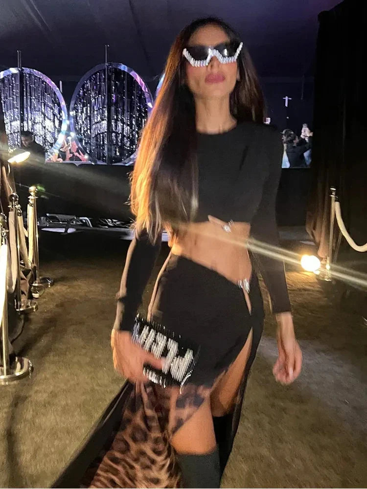 Women Celebrity Sexy Long Sleeve Leopard Black Maxi Long Skirt Bandage Set Elegant Evening Club Party Outfits