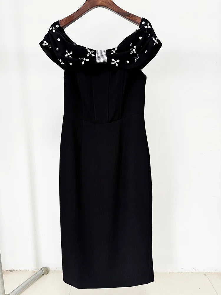 Black White Color Women Sexy Slash Neck Off the Shoulder Bodycon Mid-calf Dress Shinning Crystal Celebrate Evening Party Outfit