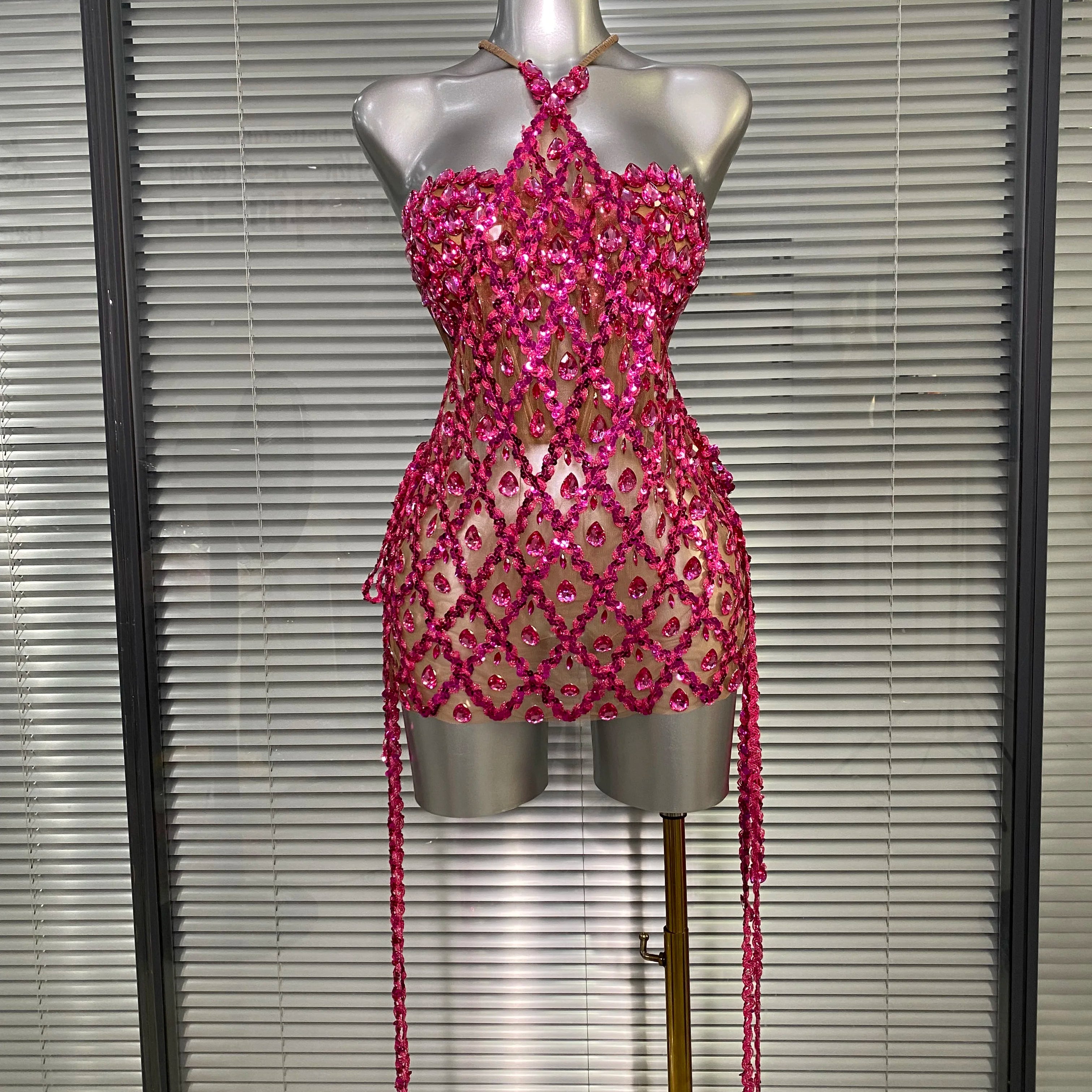 Women Sexy See Through Mesh Gold Pink Costume Stage Dancer Singer Night Club Celebrity 2 Pieces Set Mini Party Dress