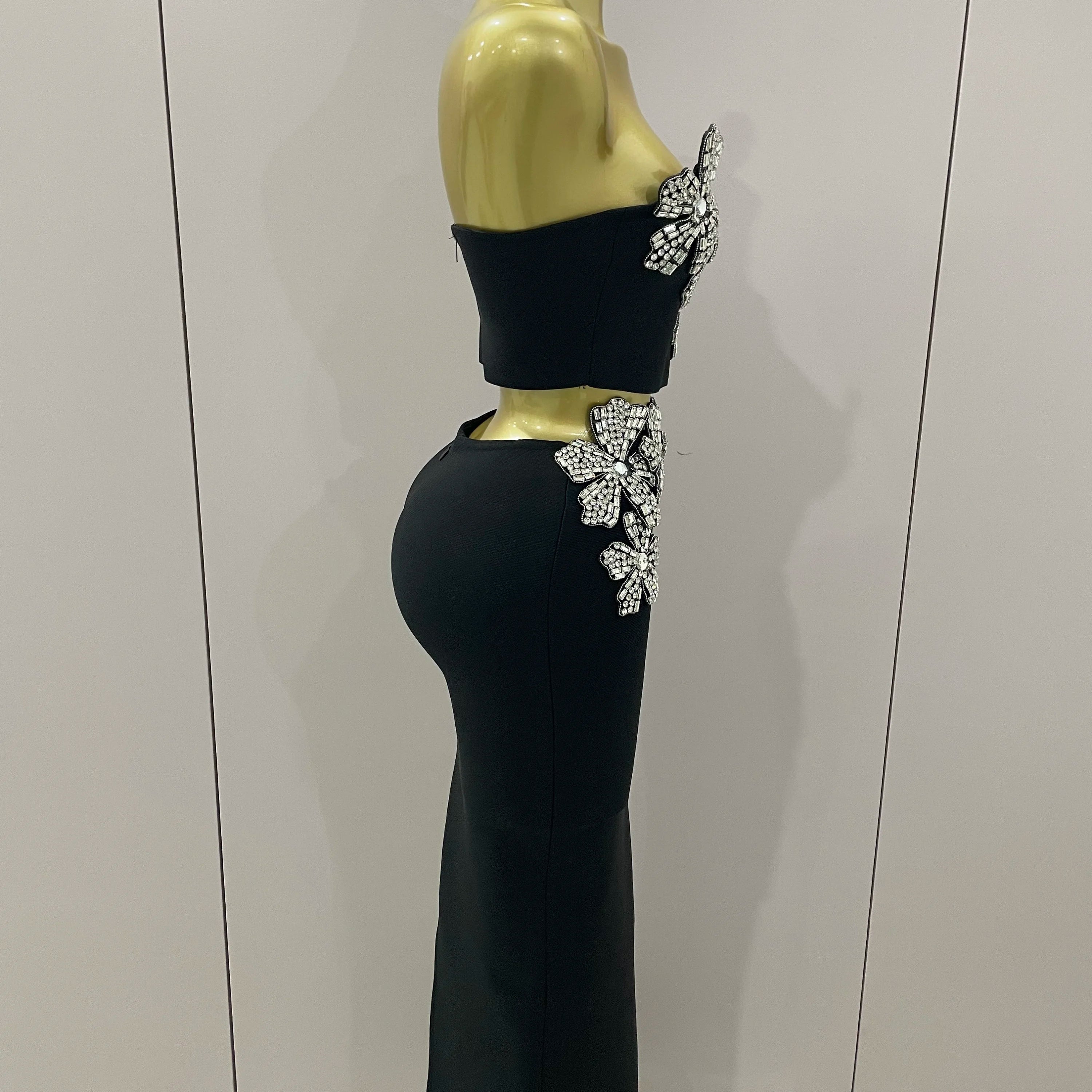 Sexy Strapless Flower Diamonds Black Maxi Long Bandage Two Piece Set 2025 Women Knitted Elegant Evening Club Party Prom Gowns