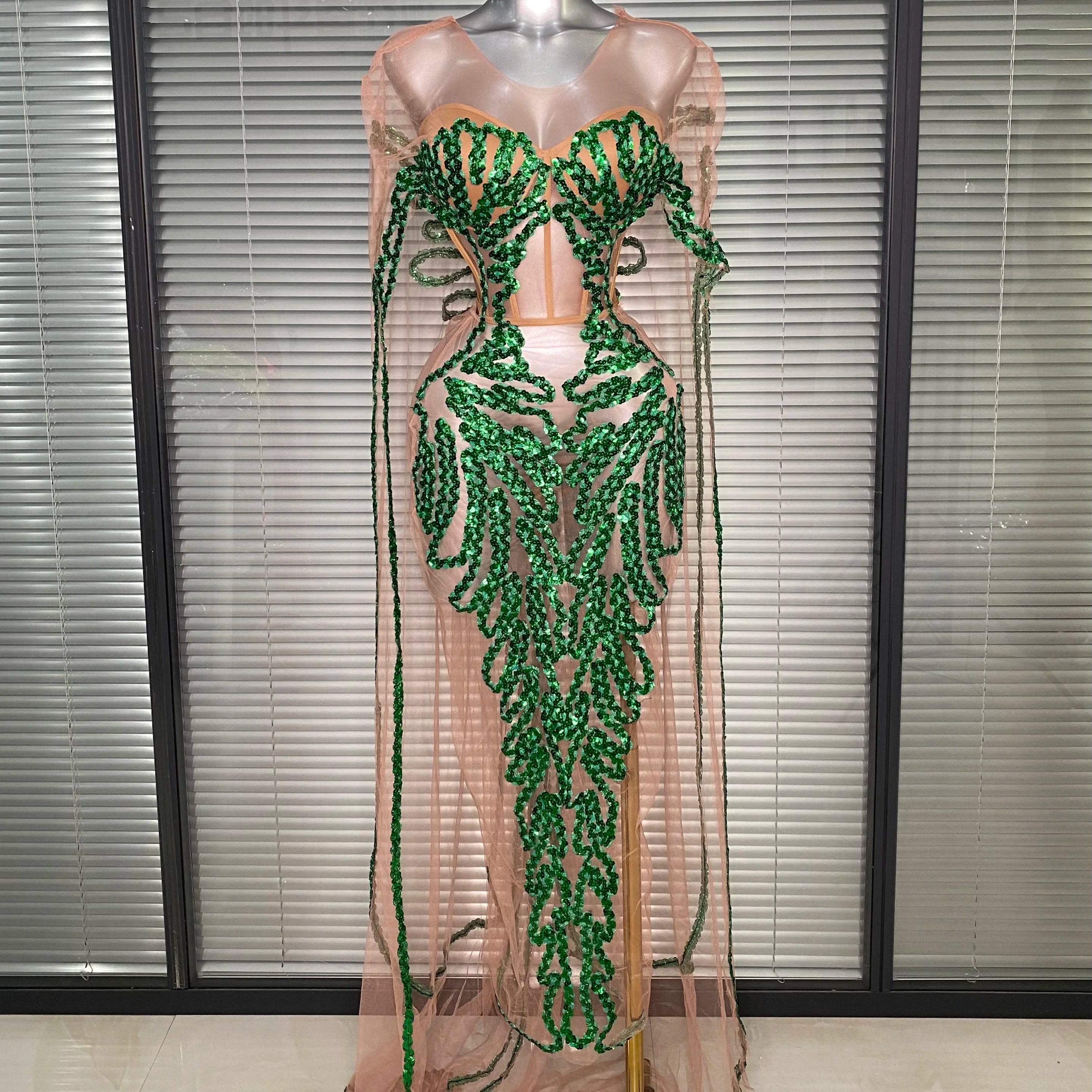 New Women Sexy Mesh Sheer Sequins Green Maxi Dress See Through Party Costume Stage Performance Dress