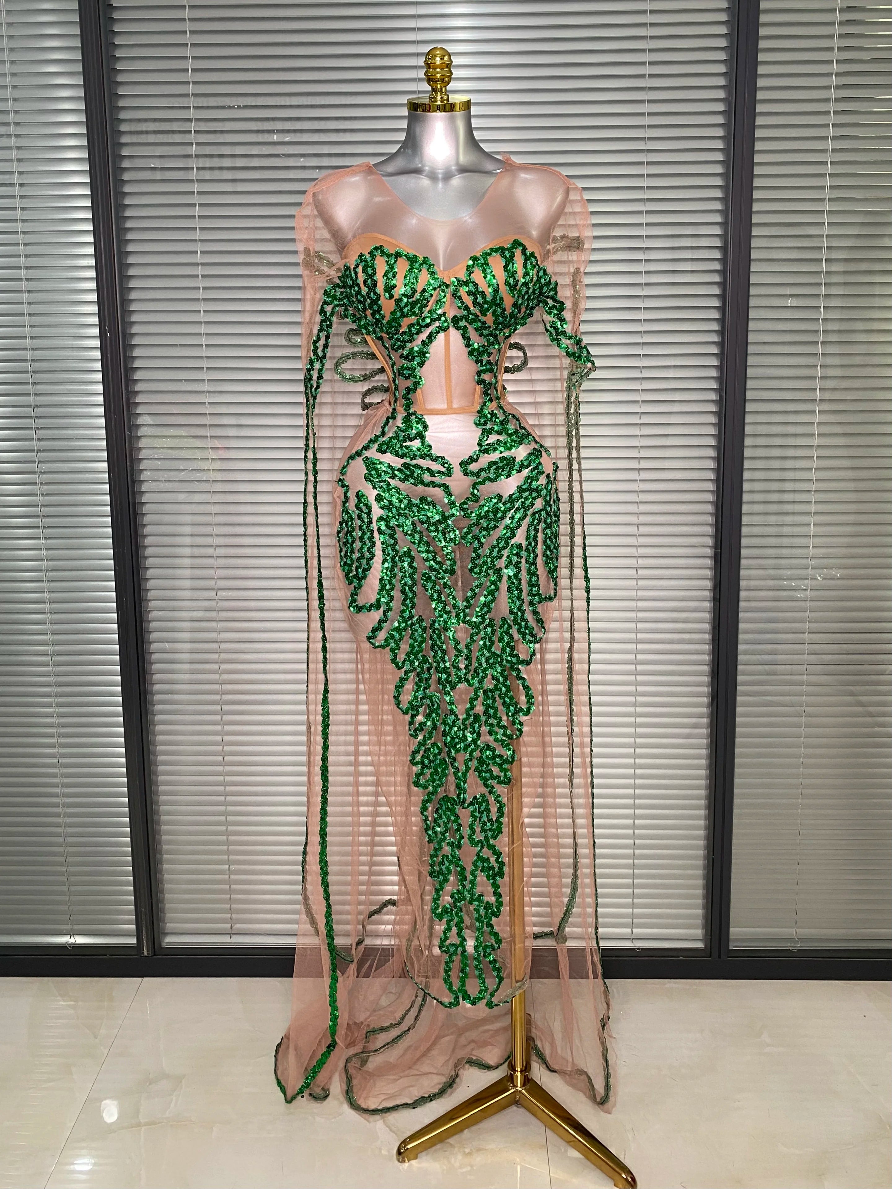 New Women Sexy Mesh Sheer Sequins Green Maxi Dress See Through Party Costume Stage Performance Dress
