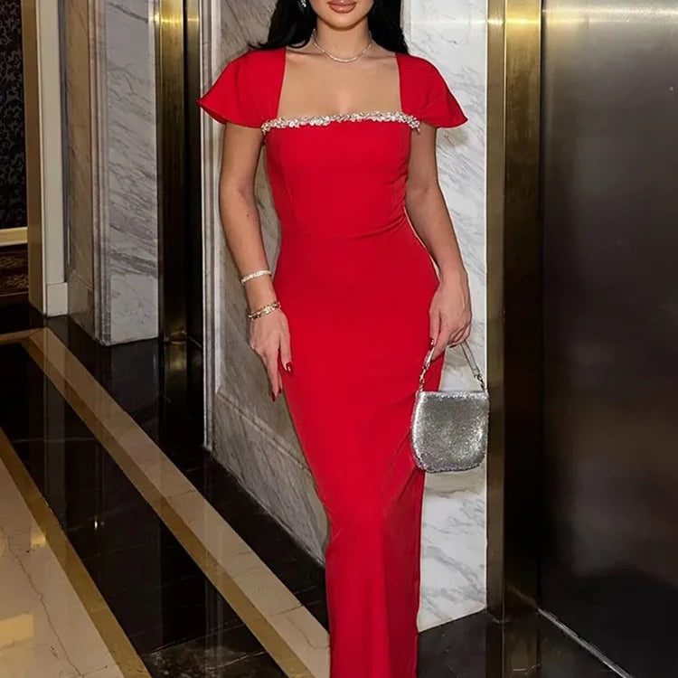 Women Celebrity Sexy Beading Diamonds Blue Red Black Maxi Long Bodycon Bandage Dress 2025 Elegant Evening Club Party Dress