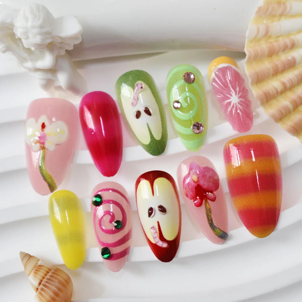10pcs Wearable Handmade False Nails Cute Colorful Cartoon Design Fake Nail Tip Rhinestone Fruit Stick on Nail Art Press on Nails