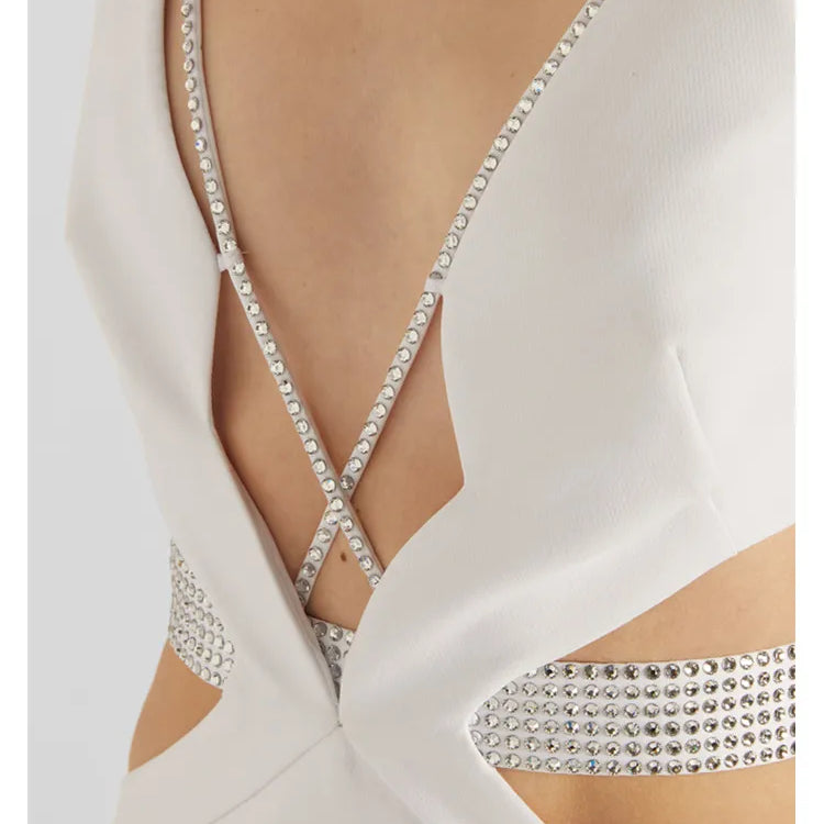 Women Luxury Sexy V Neck Cut Out Diamonds Crystal White Maxi Long Bandage Dress Celebrity Elegant Evening Party Club Dress