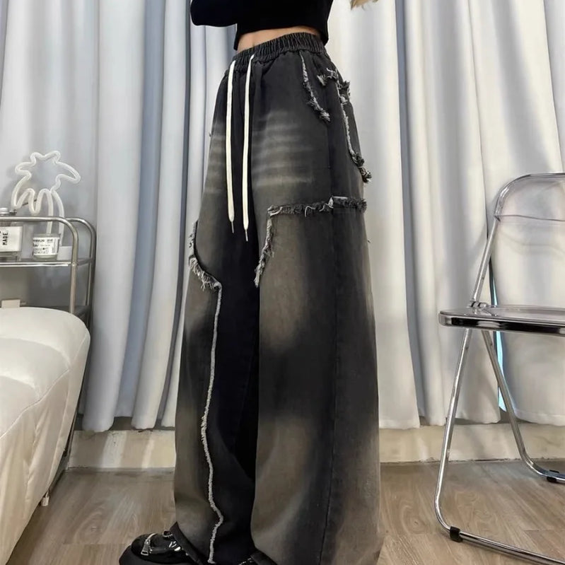 Autumn Winter New Straight Tube Women's Jeans American Retro Baggy Jeans Ladies Black Raw Edge Straight Tube Pants for Women