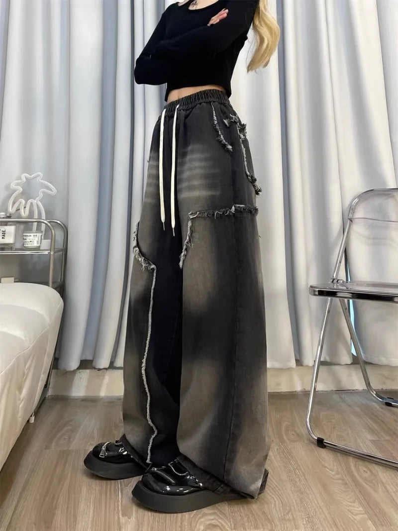 Autumn Winter New Straight Tube Women's Jeans American Retro Baggy Jeans Ladies Black Raw Edge Straight Tube Pants for Women