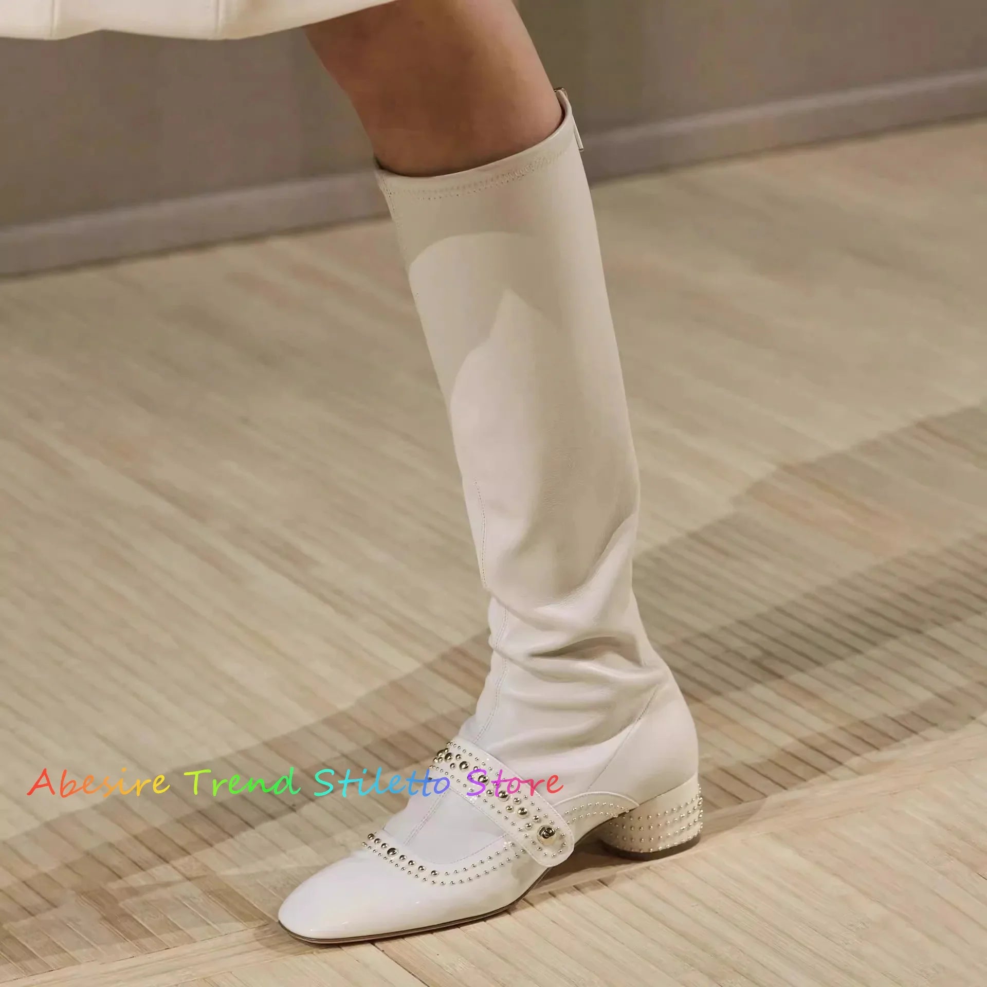 White Retro Studded Knee High Boots for Women New High Tube Thick Heels Back Zipper Elastic Slim Boots Black Knight Boots