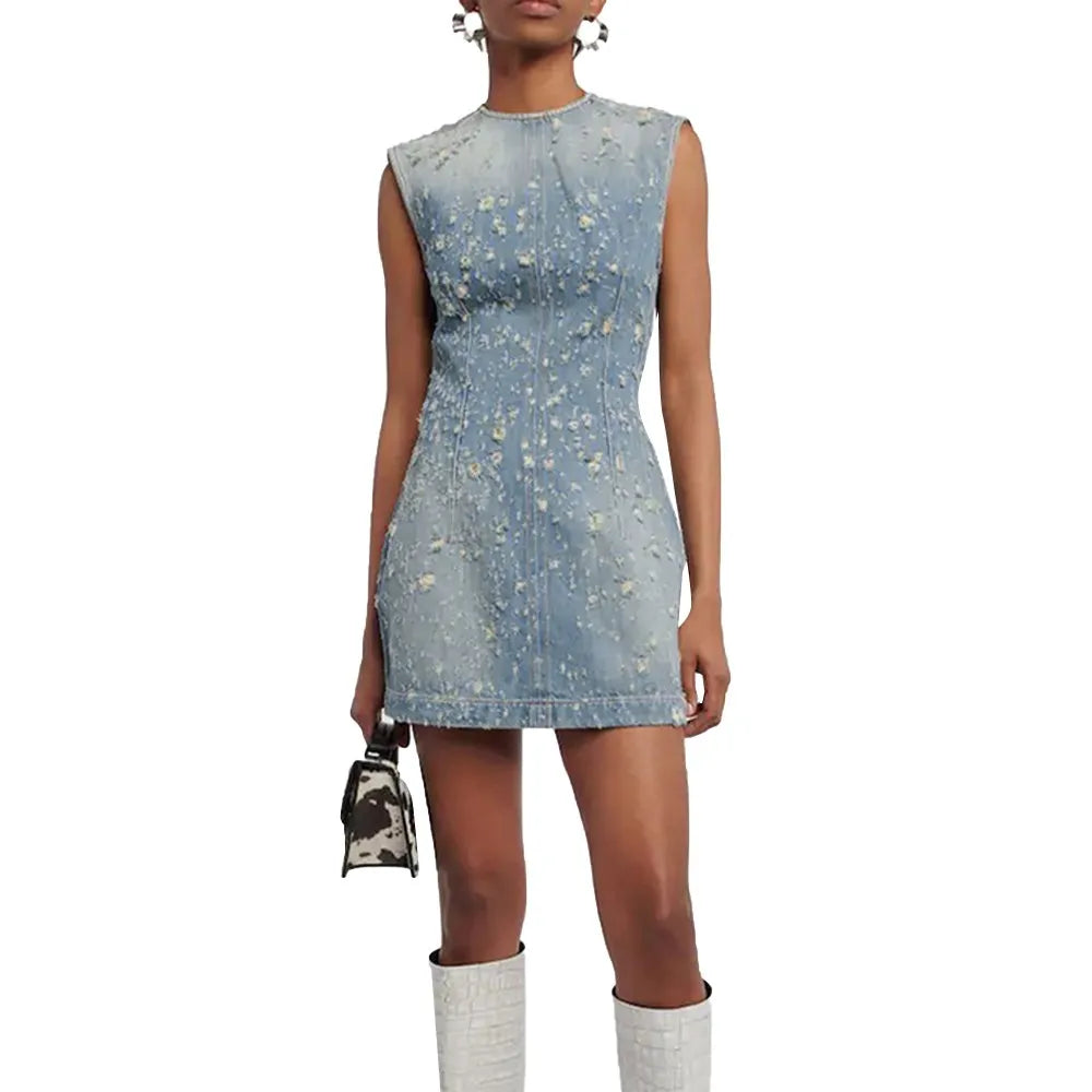 TWOTWINSTYLE Denim Hollow Out Dresses For Women Round Neck Sleeveless Tunic Patchwork Pockets Vintage Dress Female Fashion Style BLUE