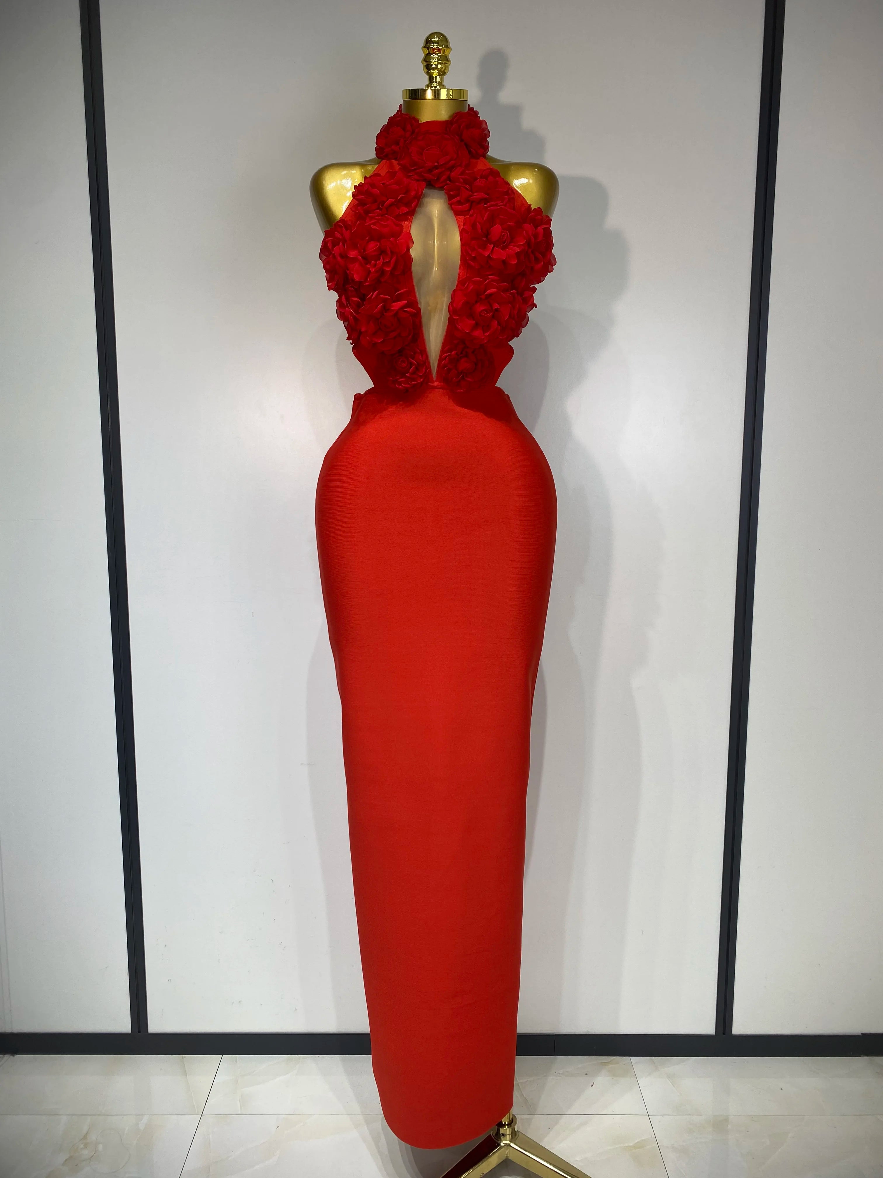2025 Women Sexy Halter Hollow Out Flowers Bodycon Bandage Dress Red Backless Elegant Party Luxury Birthday Wedding Dresses