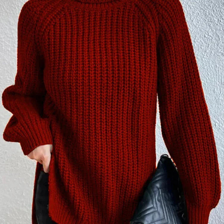 Women Winter Turtleneck Loose Sweater Elegant Drop Sleeve Side Split Pullover Vintage Harajuku Chic Jumpers Oversized knit Tops Burgundy