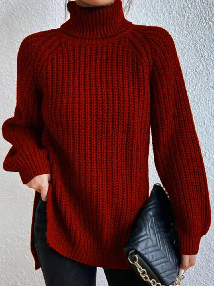 Women Winter Turtleneck Loose Sweater Elegant Drop Sleeve Side Split Pullover Vintage Harajuku Chic Jumpers Oversized knit Tops Burgundy
