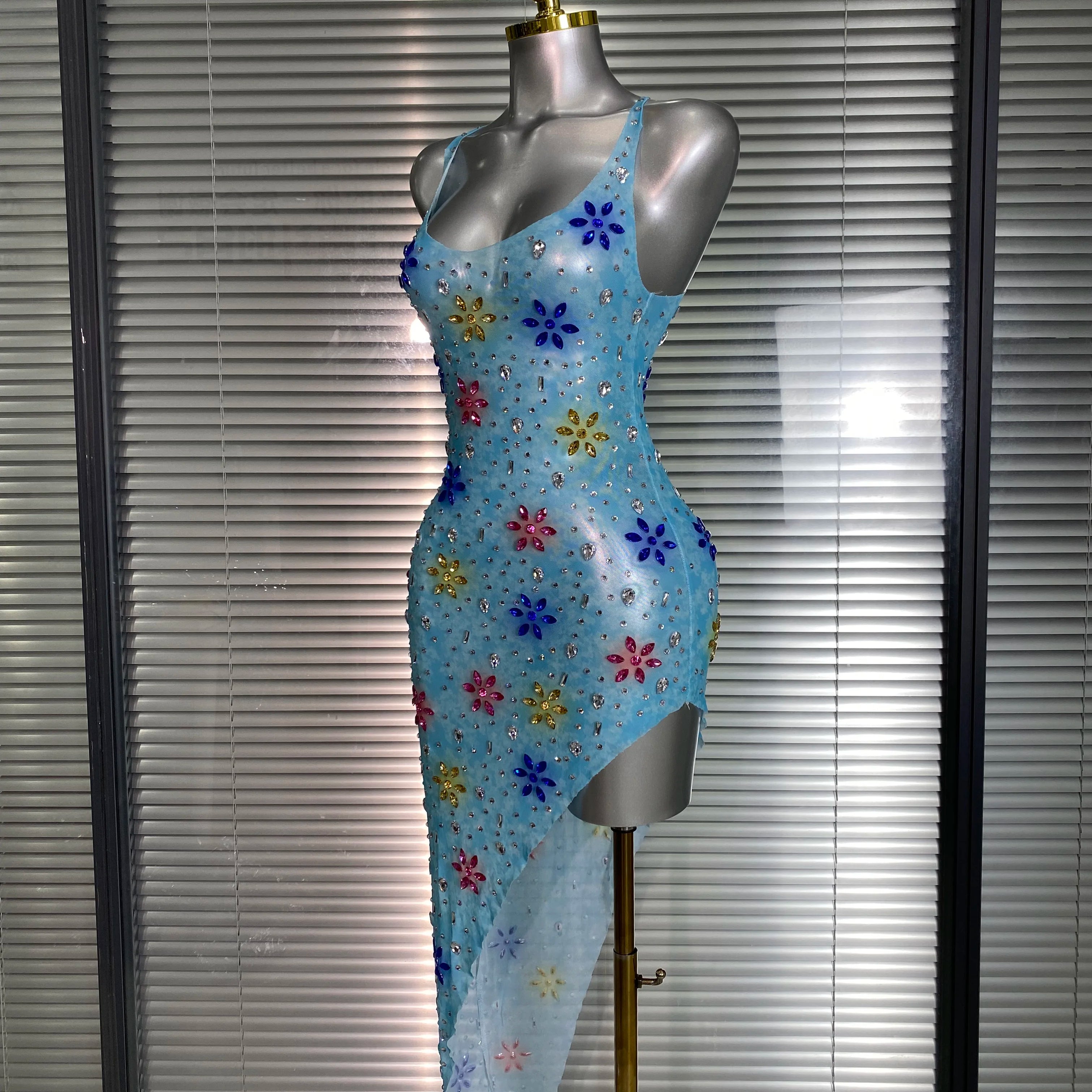 Women Sexy Mesh Crystal Diamonds Flower Blue Performance Costume Stage Dancer See Through Stretchy Night Club Party Dress