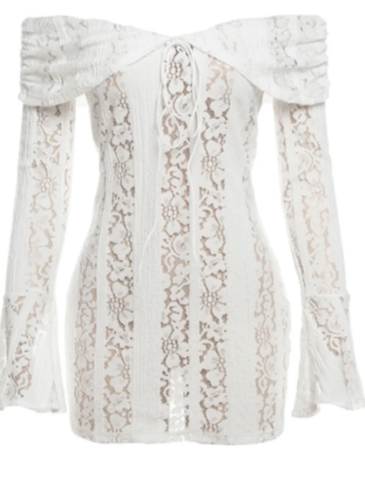 Vintage Cream Floral Lace Off Shoulder Maxi Dress Fashion Flare Long Sleeve Hollow Out Slim Dresses 2024 Elegant Lady Party Robe