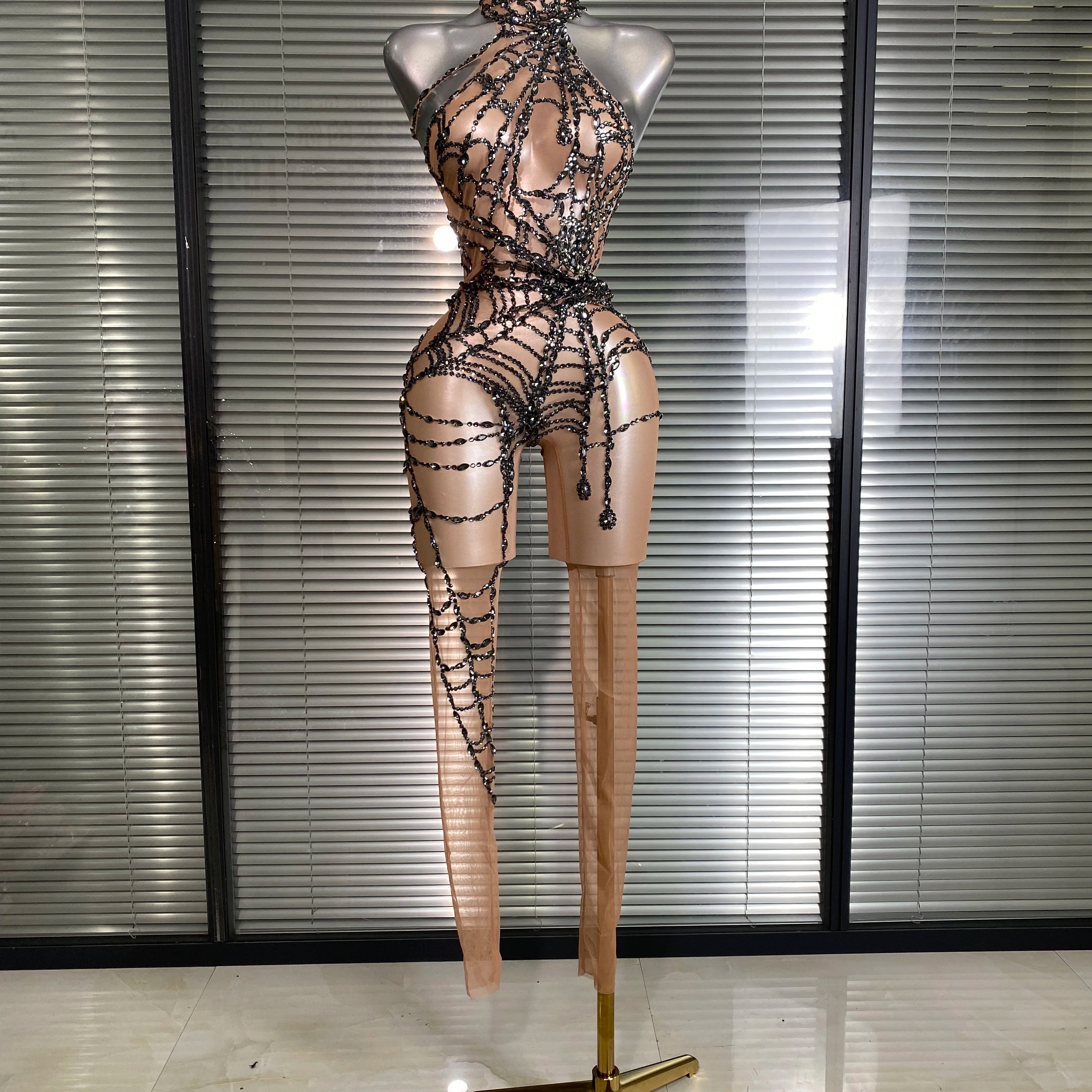 Women Sexy Black Nude Crystal Jumpsuit Celebrity Designer Stretchy Mesh See Through Singer Dancer Stage Night Club Rompers