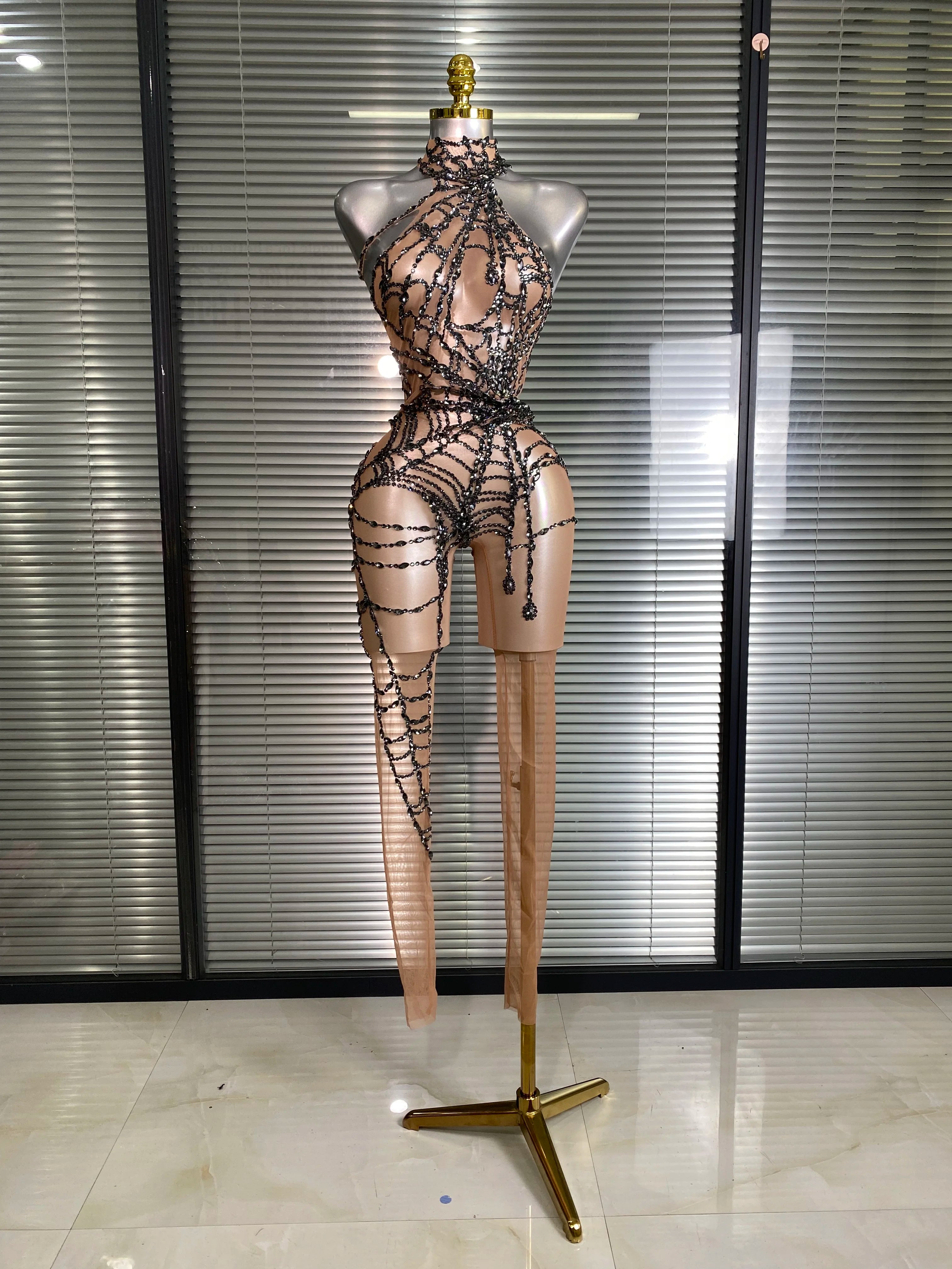 Women Sexy Black Nude Crystal Jumpsuit Celebrity Designer Stretchy Mesh See Through Singer Dancer Stage Night Club Rompers