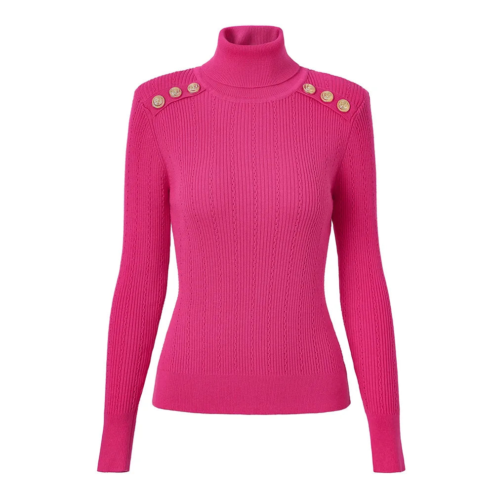 Classic Turtlenecks Pullovers Long Sleeve Gold Buckle Sweater Women Winter Fall Casual Elasticity Knitting Top Fuchsia