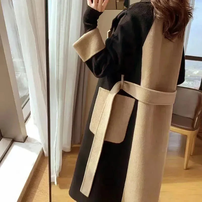 Vintage Woolen Patchwork Trench Coat Women Elegant Korean Oversize Long Jacket Autumn Winter Double Breasted Office Lady Outwear