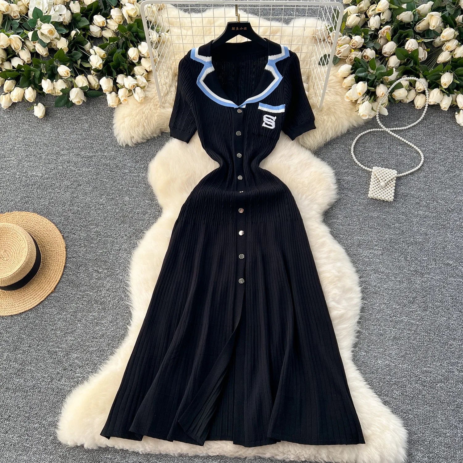 YuooMuoo Summer Women Knitted Long Dress Brand Fashion Turn-down Collar A-line Sweater Dress Elegant Lady Office Dress Robe black One Size
