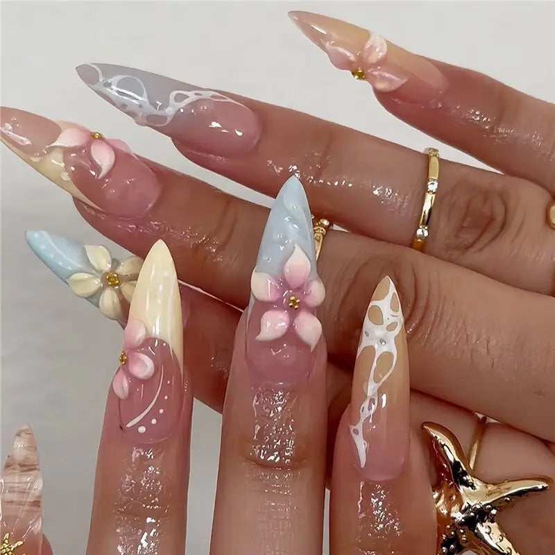 24Pcs Colorful Smudge French Press on Fake Nails with 3D Flower Butterfly False Nails Mid-length Stiletto Reusable Manicure Tips