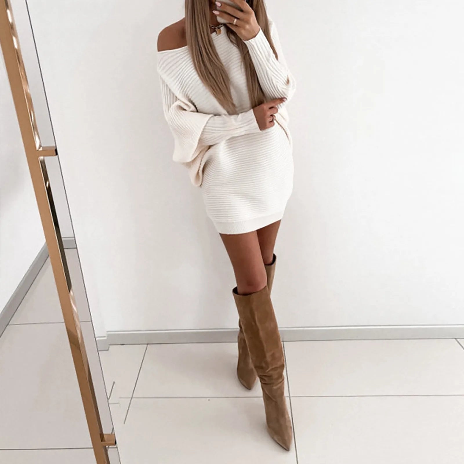 Spring And Autumn Women's Dress Loose Crewneck Off Shoulder Pullover Dress Fashion Solid Colour Commuter Knitted Sweater Dress