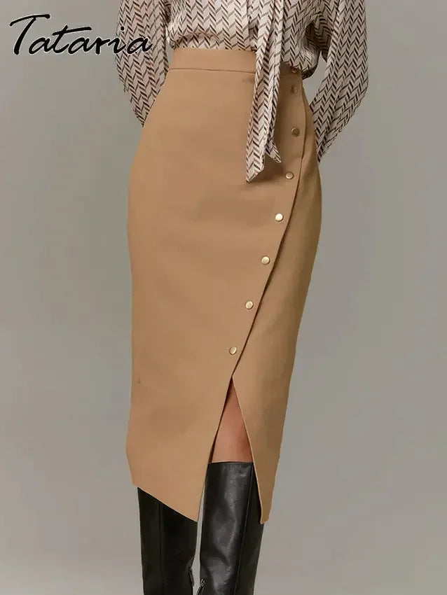 Khaki Wrap Skirts for Women Spring Elegant Simple PU Slit A Line Midi Skirts Black Sexy Slim High Waist Bodycon Skirt