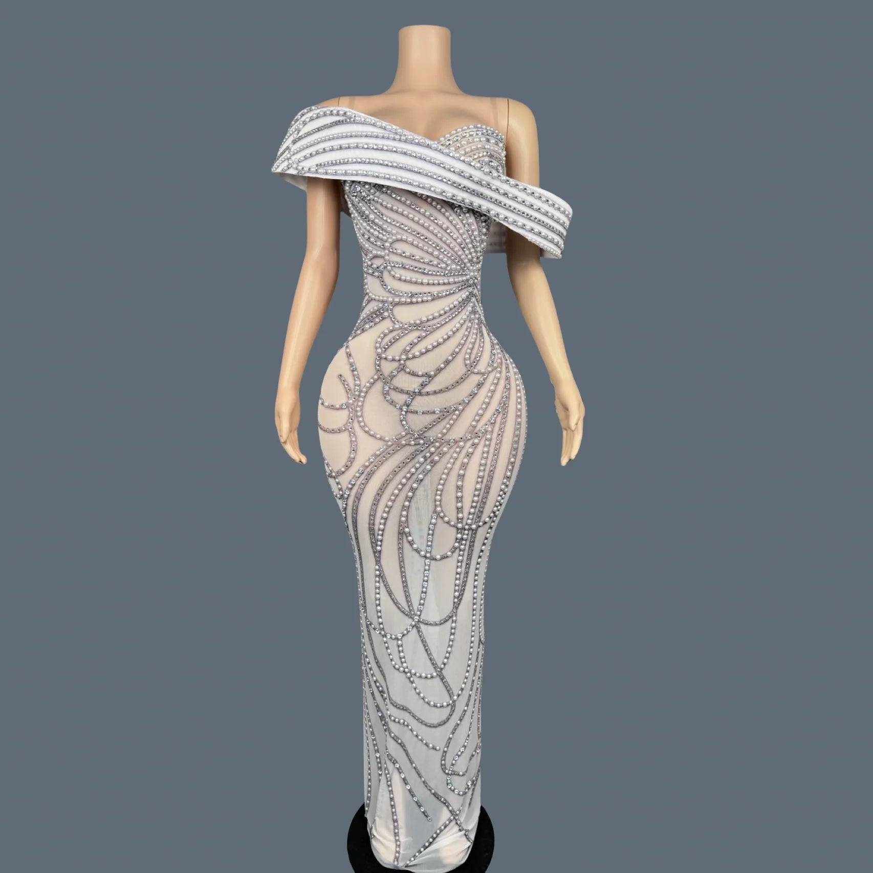 High-end Luxury Pearls Elegant Evening Gown Sheer Mesh Tight Fitting Long Dress Festival Prom Outfit Club Wear Party Dress Moli