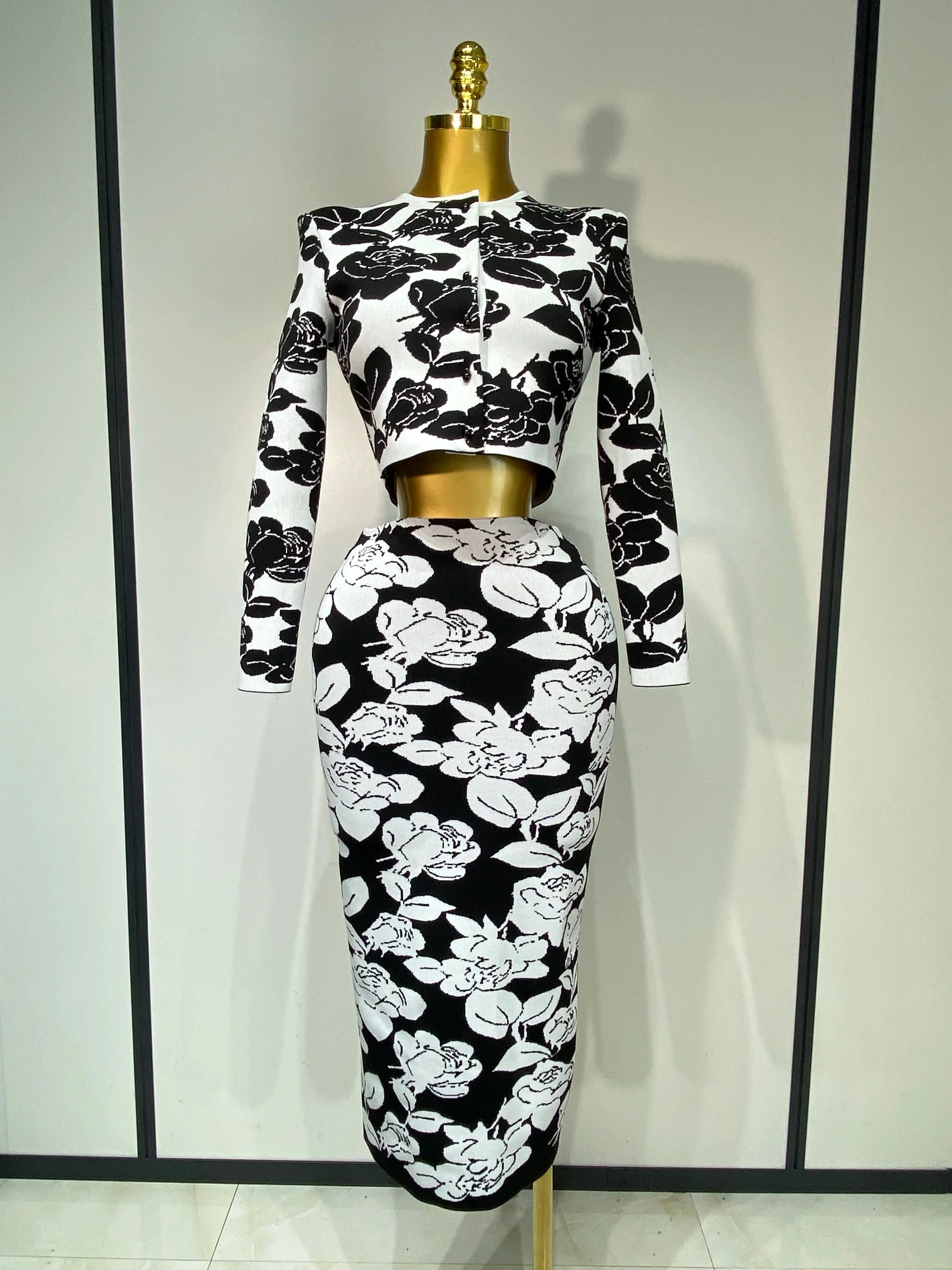 Arrival Women Long Sleeve Jacquard Weave Two Pieces Set Celebrity Red Carpet Dress Birthday Bodycon Bandage Women's Set