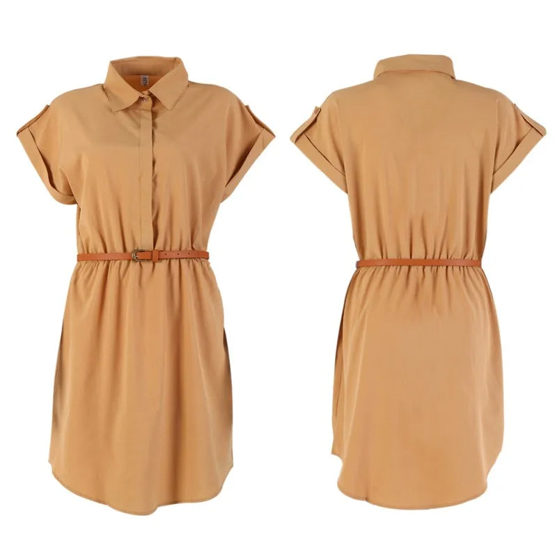 Women Dress A-Line Chiffon Casual Fashion Short Sleeve OL Dress With Belt Dresses