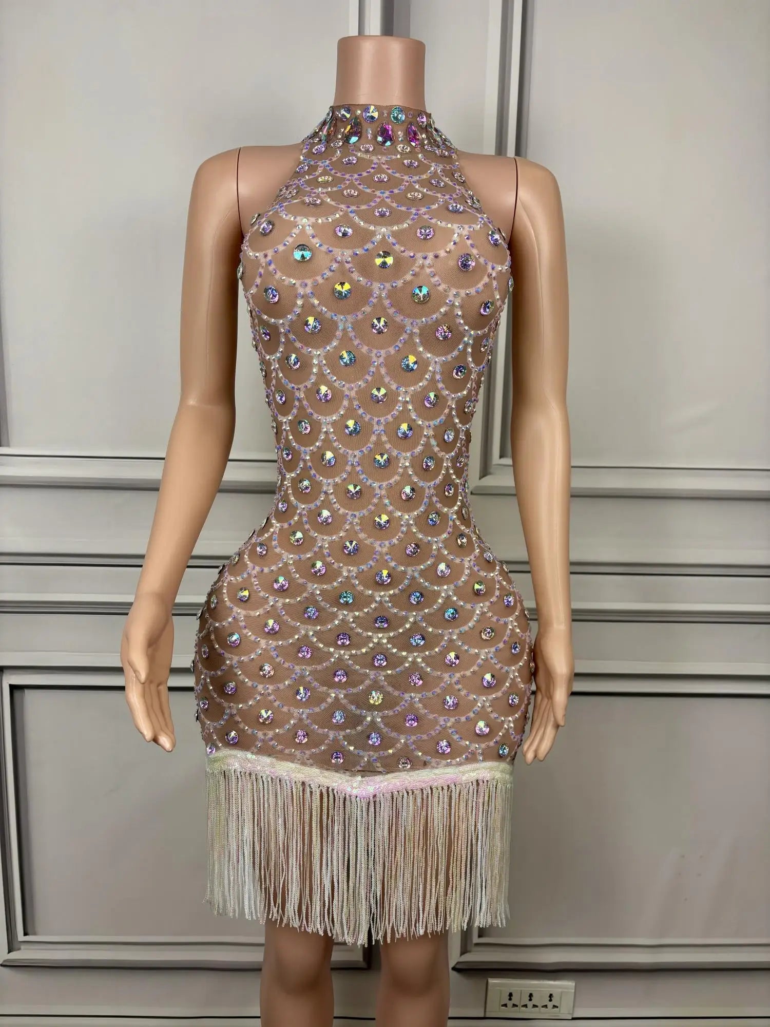 Elegant Women Luxury Sparkly Evening Dress Birthday Celebrate Party Dinners Outfit Tassel Crystals Sheer Mesh Prom Dress Langhua