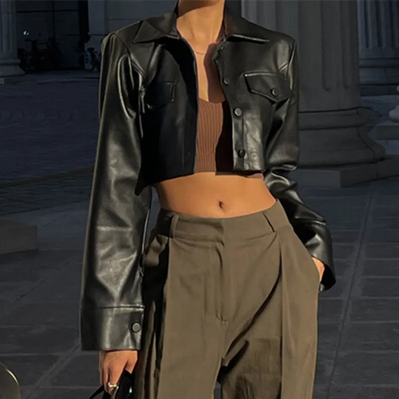 Autumn Faux Leather Short Jacket Y2K Turn-down Collar Fashion Botton Decoration PU Coat Grunge Street Casual Coats