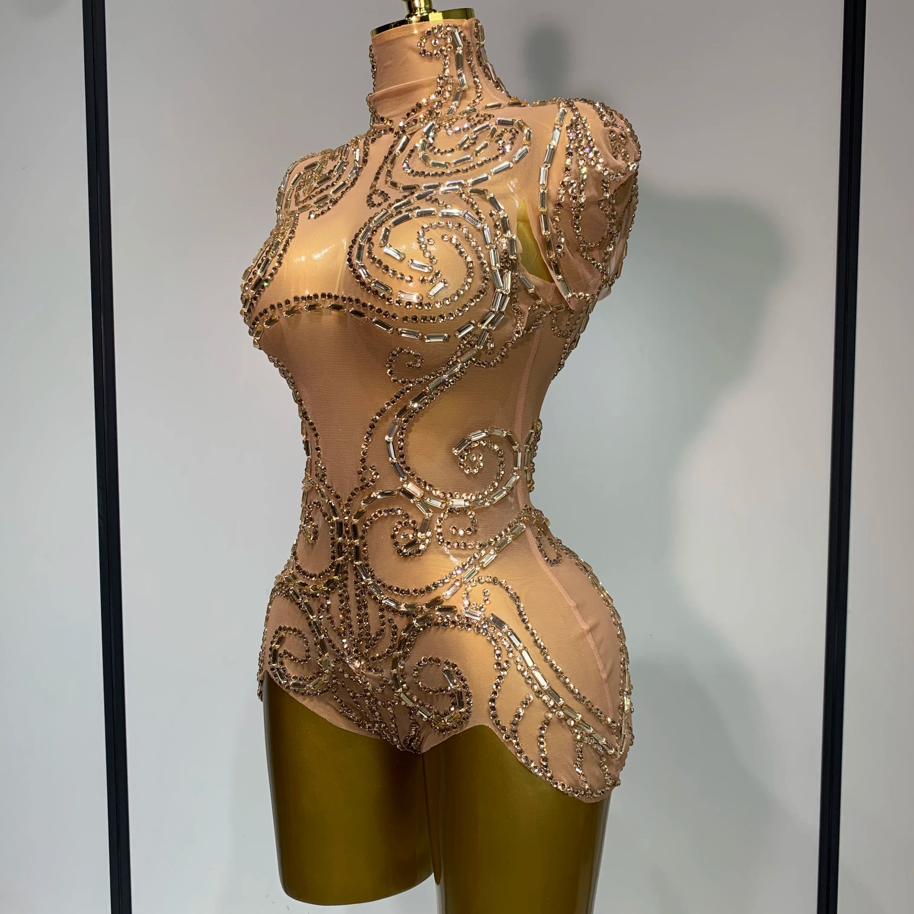 Shining Rhinestone Bodysuit Sexy Mesh See Through Dancer Birthday Evening Party Celebrate Performance Nightclub Stage Outfit