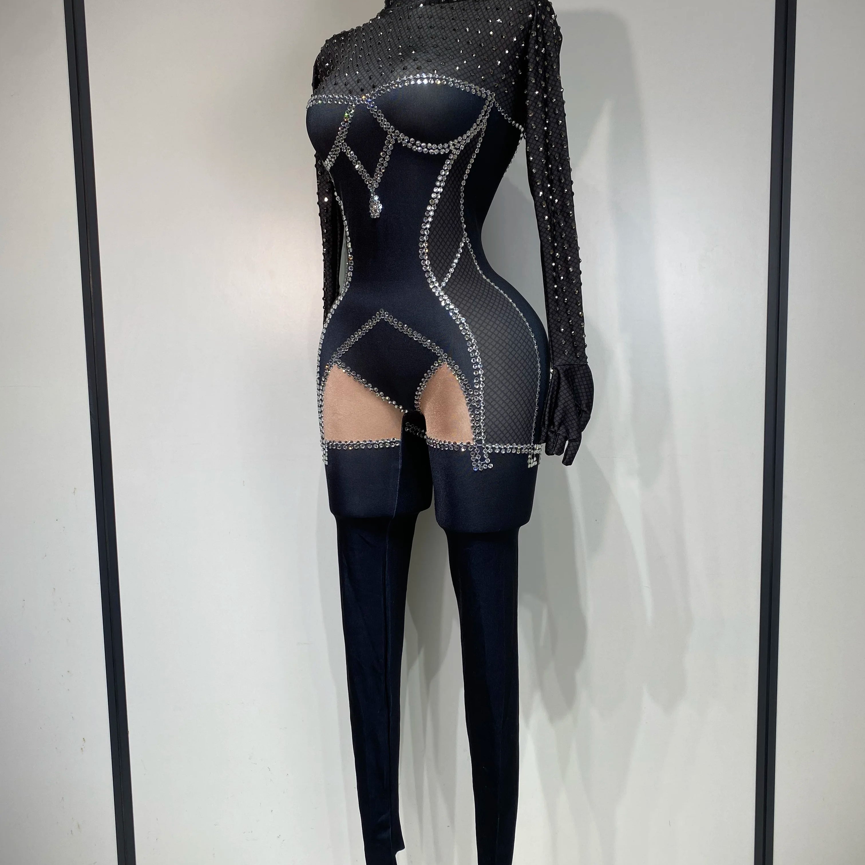 Sparkly Diamond Women Sexy Bodycon Jumpsuit Nightclub Bar Party Show Gogo Dancer Clothing Drag Queen Outfit Stage Costume