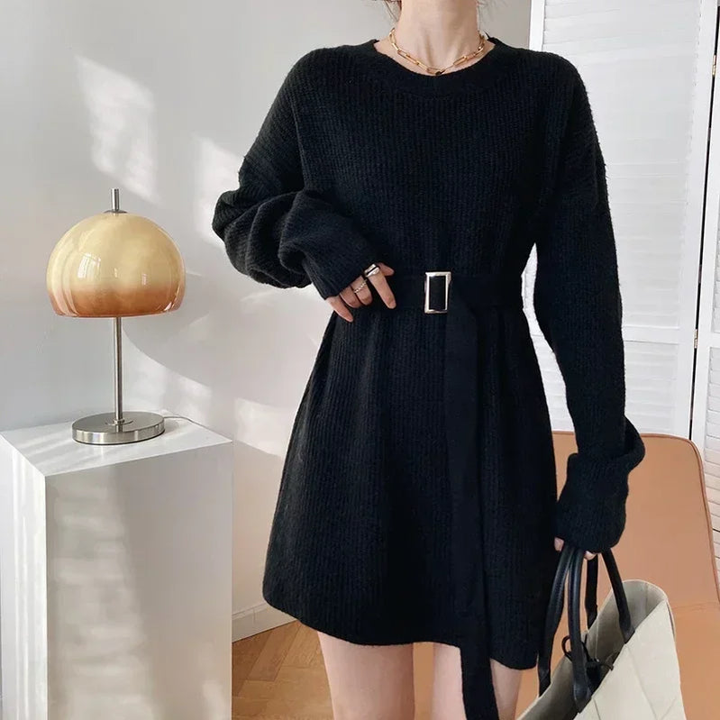 Autumn Winter Women's Long Sweater Dress with Blet Thick O Neck Knitted Pullovers Lady Korea Fashion Oversize Sweater Women