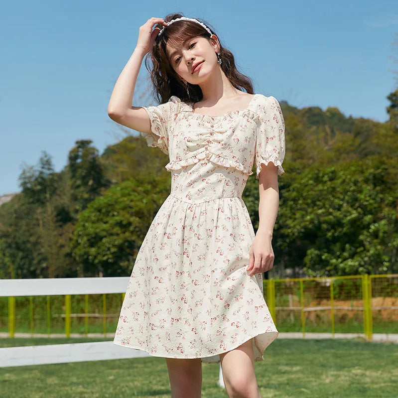 Dress Women Waist Stringy Selvedge Summer Romantic Puff Sleeves Square Neck Textured Floral Skirt red