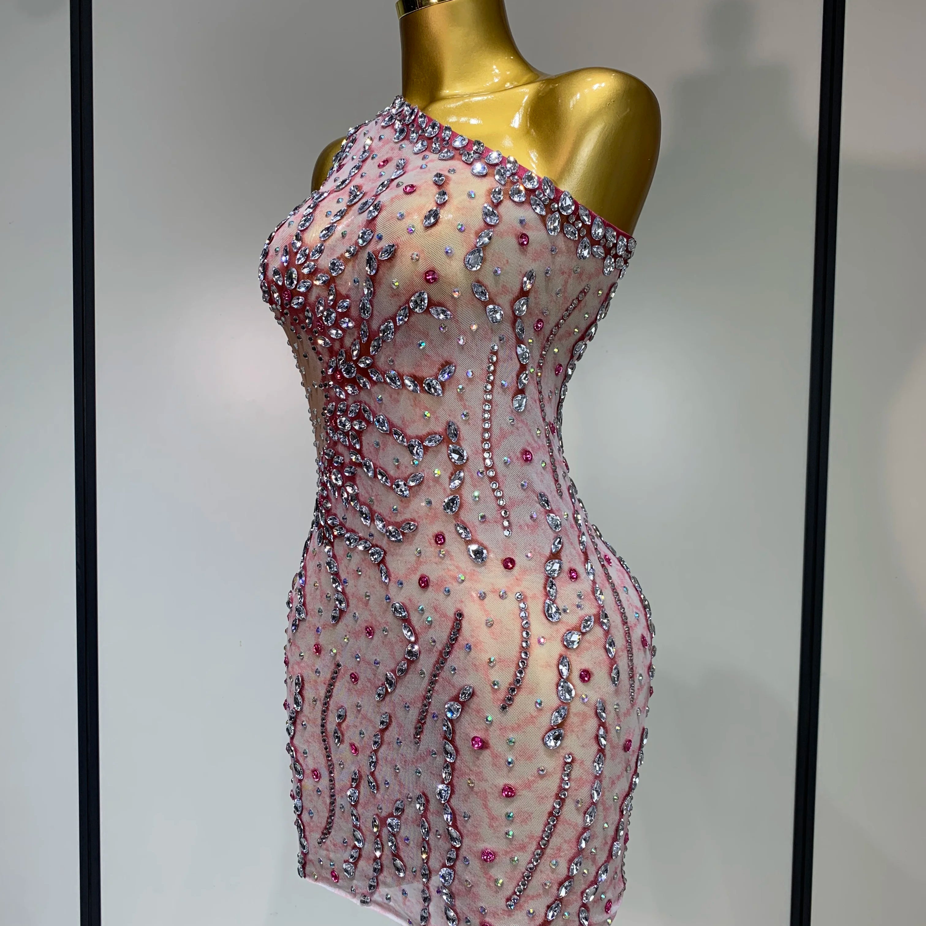 Women Sexy Mesh See Through Rhinestone Mini Dress Stage Dancer One Shoulder Stretch Night Club Party Birthday Dress Stage Outfit