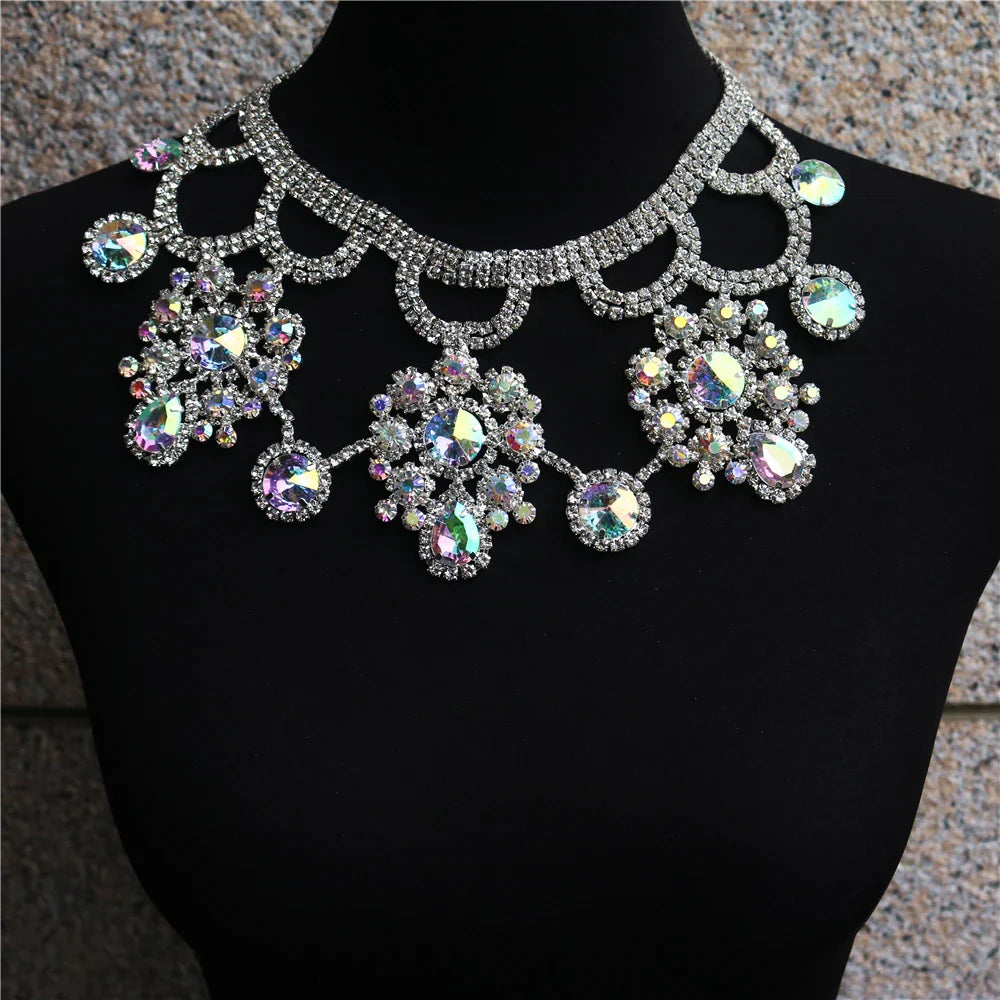 Fashion Brand Rhinestone Multicolored Bohemian Good Quality Round Pendant Chunky Collar Women Choker Statement Necklace Jewelry Silver