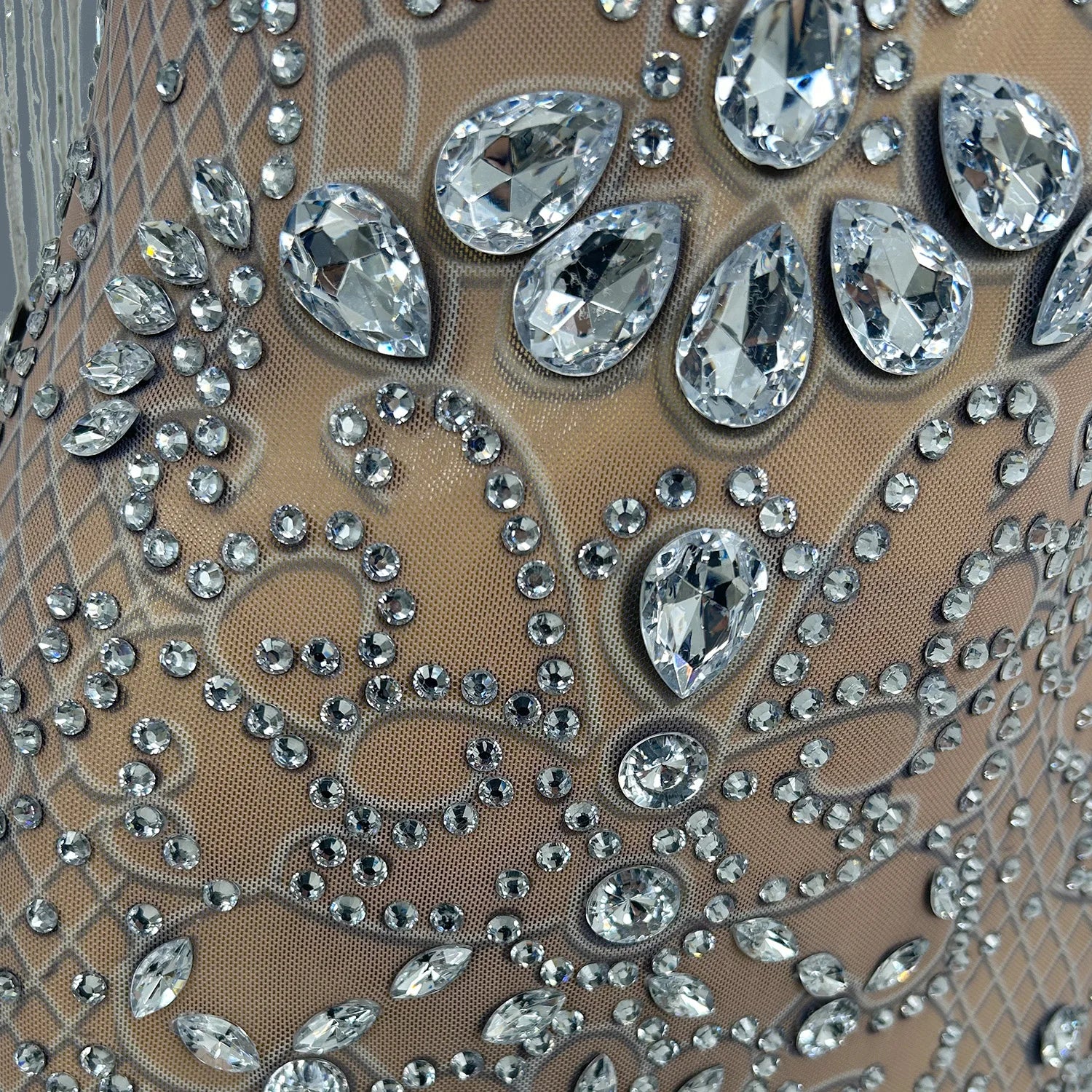 Women's Sparkly Crystals Tassel Ball Dress Sexy See Through Mesh Luxury Evening Gown Birthday Prom Queen Chic Maxi Dress Hualan