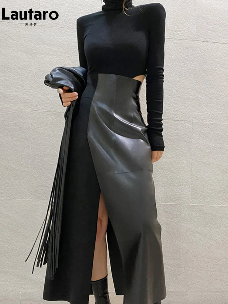 Spring Autumn Long Sexy Patchwork Pu Leather Midi Skirt Women with Slit High Waist 2024 Luxury Designer Clothes Fashion