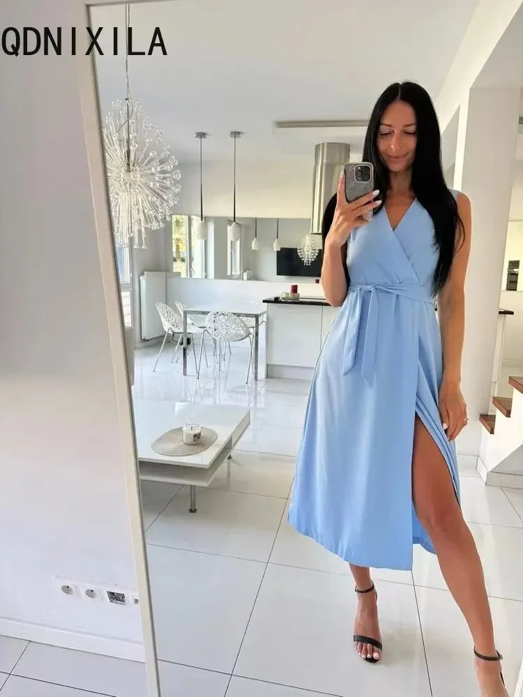 Elegant Chic Shirt Dress Summer New Fashion Sleeveless Sexy Dress V-neck Buttock Dress for Women Office Ladies Party Sundress