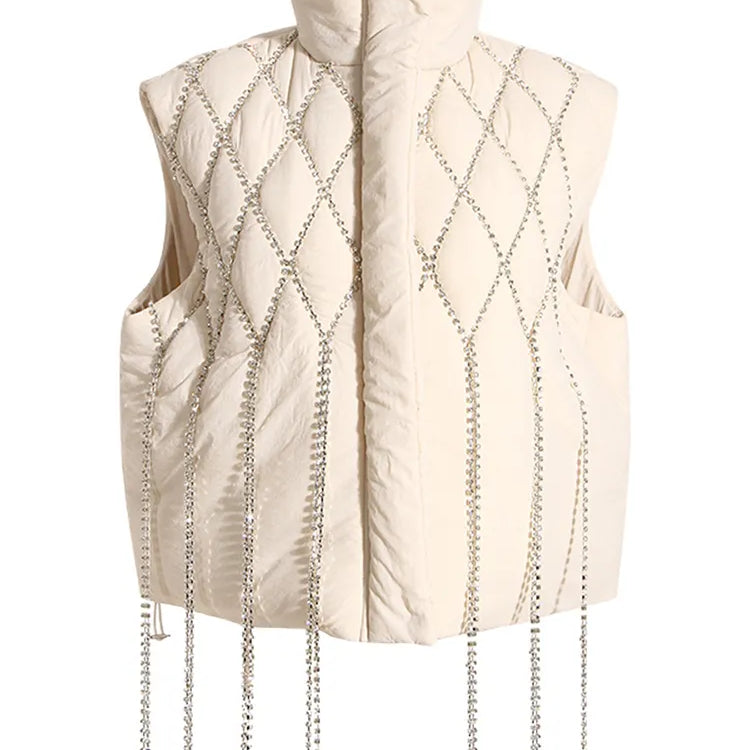Fashion Women's Waistcoat Loose Stand Collar Single Breasted Sleeveless Plaid Diamonds Tassel Vest Winter