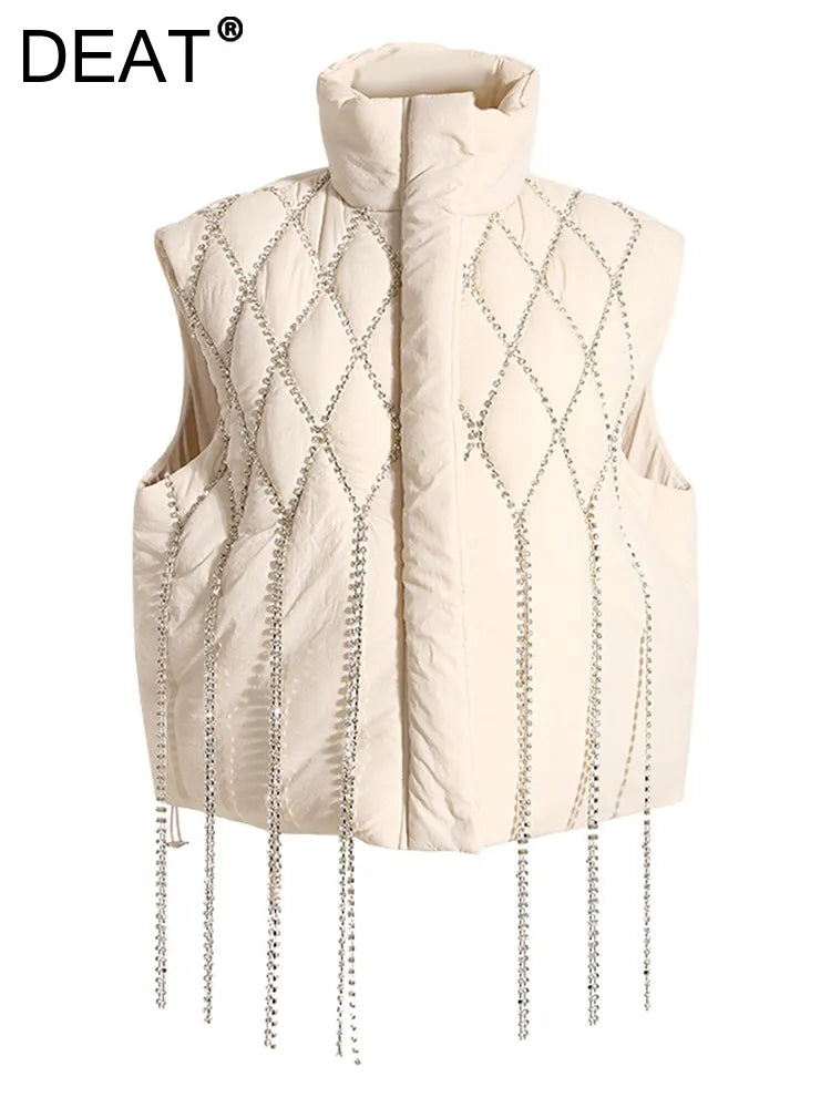 Fashion Women's Waistcoat Loose Stand Collar Single Breasted Sleeveless Plaid Diamonds Tassel Vest Winter