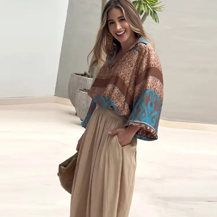 Women Loose High Waist Pant Print V Neck Long Sleeves Top 2 Pieces Sets Spring Summer Casual Street Female Outfits NEW