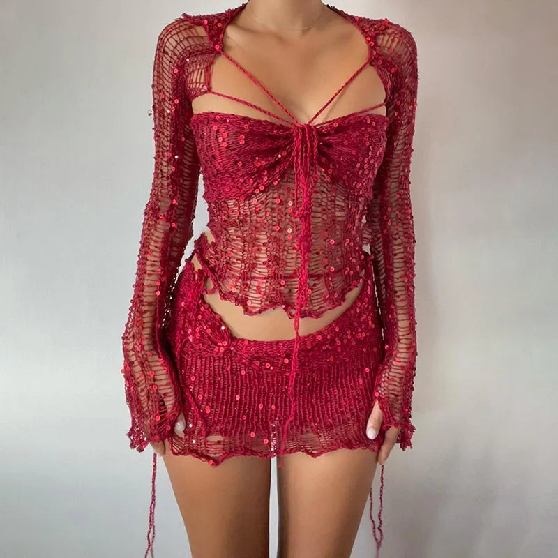 Sequins Knitted Hollow Out Two Piece Set Women Long Sleeve Cropped Top Midi Bodycon Skirt Summer Chic Beach Female Outfits Red
