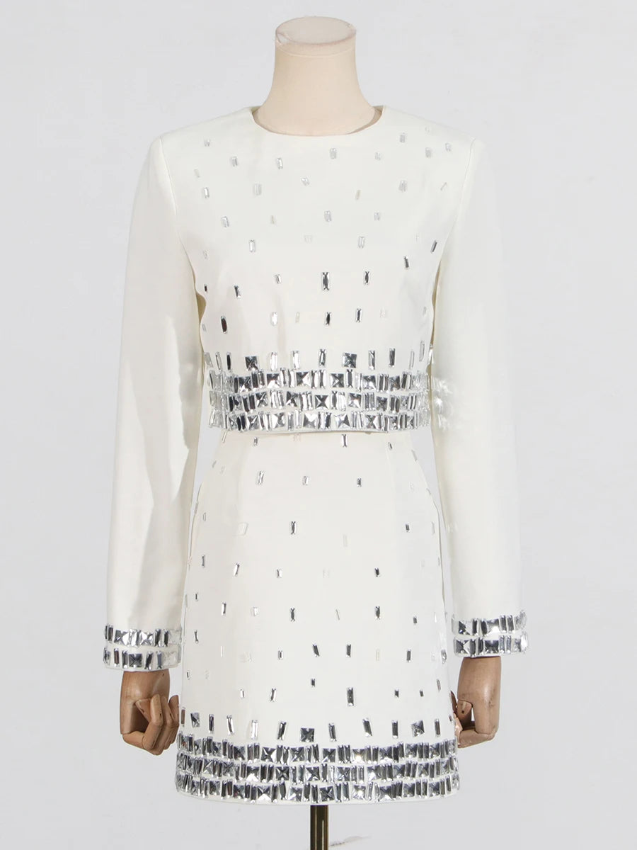 TWOTWINSTYLE Solid Slimming Spliced Bead Two Piece Sets for Women Round Neck Long Sleeves Short Top High Wasit Skirt Set Female