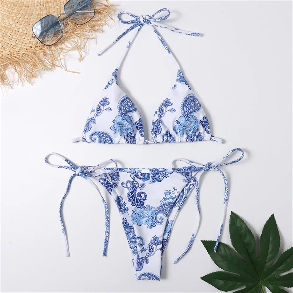 Halter Triangle Sexy Bikini Sets 2023 Women Patent Leather Glitter Swimsuit Summer Solid G-String Swimwear Side Lace Up Monokini s9blue porcelain