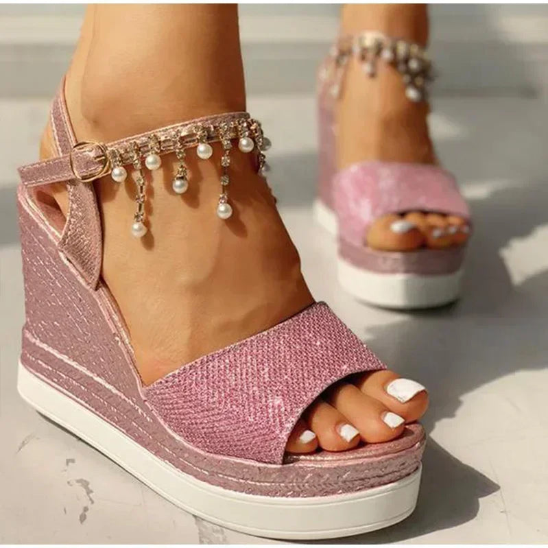 Women Wedge Sandals Summer Bead Studded Detail Platform Sandals Buckle Strap Peep Toe Thick Bottom Casual Shoes Ladies