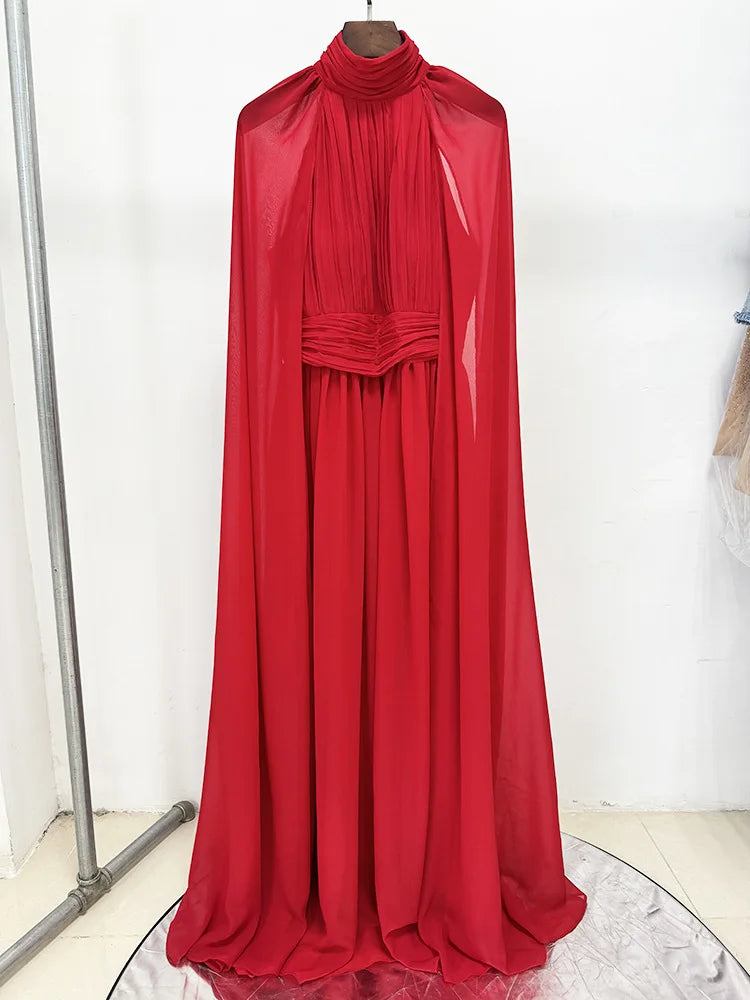 2025 New Arrival Red Color Women Fashion Cloak Sleeve Slim Floor-length Dress Elegant Eveening Party Celebrate Prom Outfit