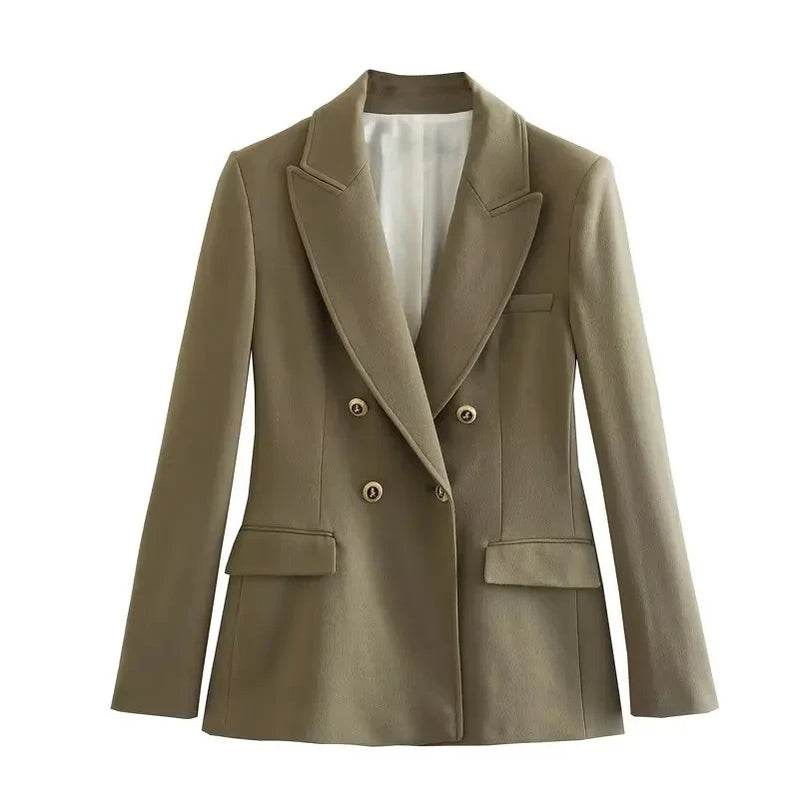 Women's Fashion Long Sleeve Lapel False Pocket Trim Blazer Women's Elegant Double Breasted Solid Color Suit Autumn ArmyGreen